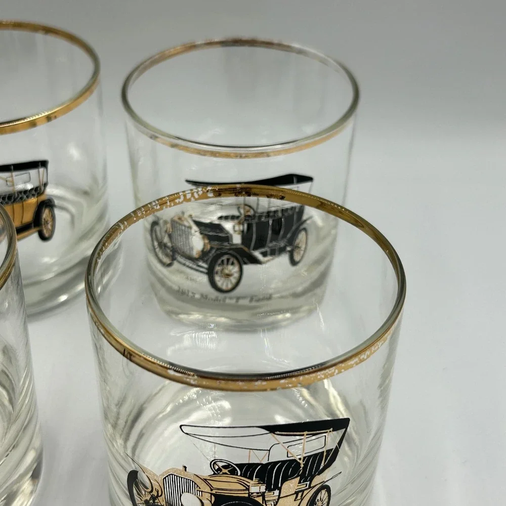 Whiskey Glasses Gold Clear Vintage Classic Cars Set 6 Good